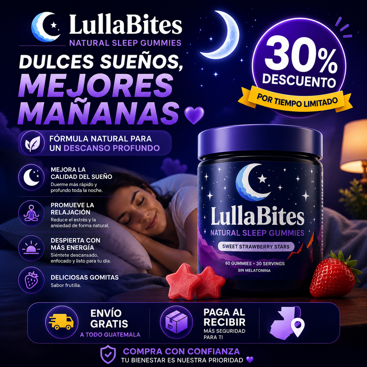 💥 ¡NO MÁS NOCHES SIN DORMIR! 🌙 Recupera Tu Descanso con LULLABITES 💜 – 30% OFF 😴